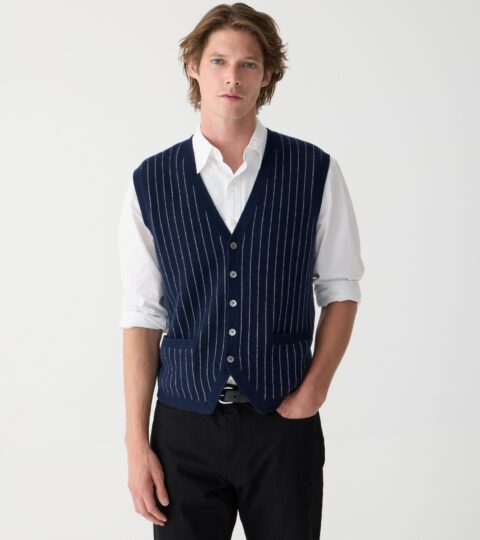 Cashmere-blend Cardigan Sweater-vest In Pinstripe