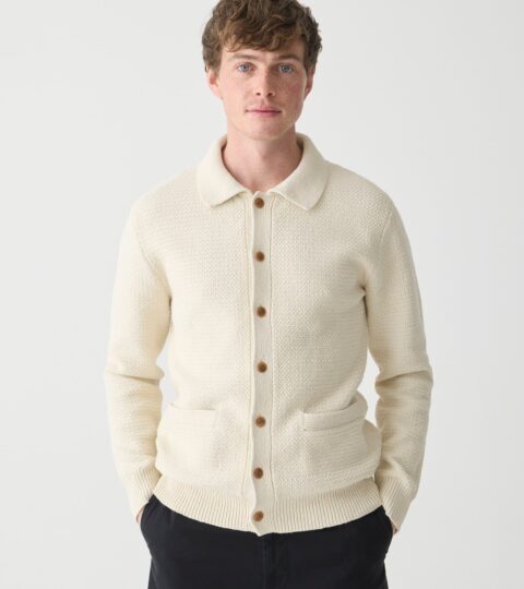 Cotton Tuck-stitch Cardigan-polo Sweater