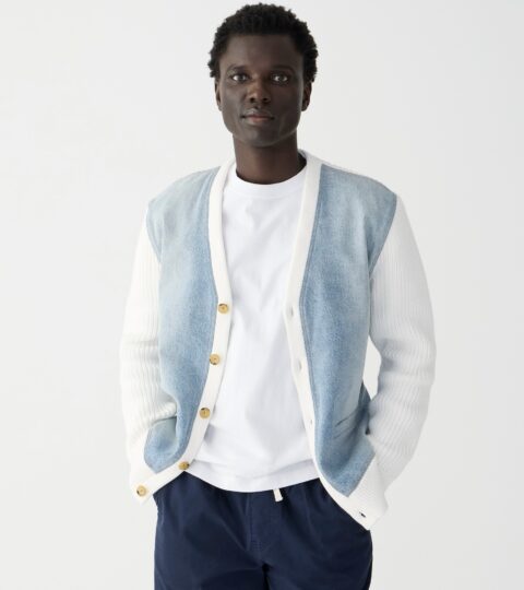 Cotton Shaker-stitch Cardigan Sweater With Denim Panels