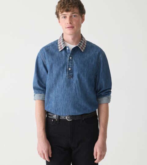 Denim Rugby Shirt With Plaid Collar