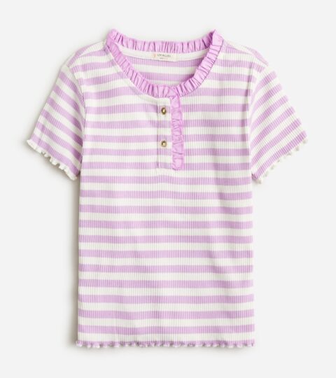 Girls’ Ruffle-trim T-shirt In Striped Vintage Rib