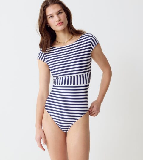 Cap-sleeve One-piece Swimsuit In Stripe