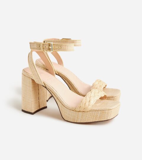 Ankle-strap Platform Heels In Faux Raffia