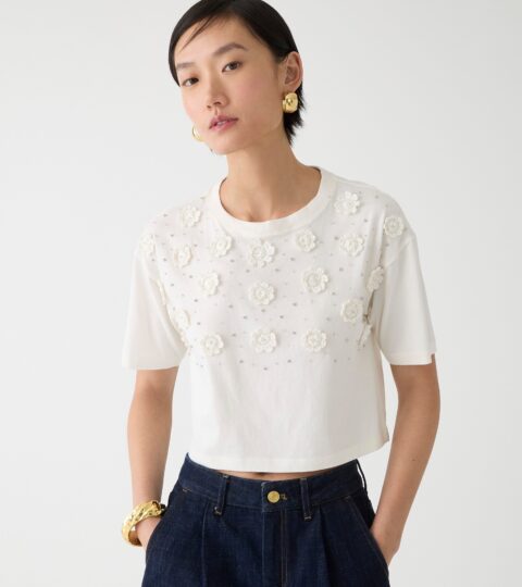 Cropped T-shirt With Crochet Floral Appliqués