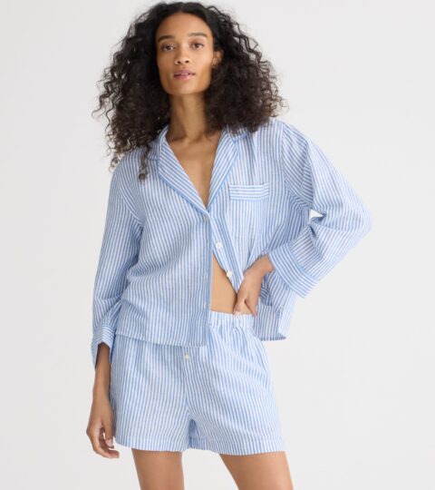 Long-sleeve Pajama Short Set In Striped Linen-cotton Blend