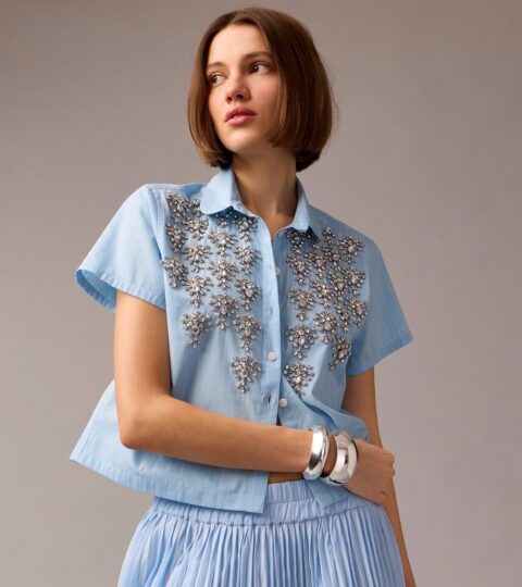 Collection Cropped Button-up Shirt With Embellishments In Pinstripe Print