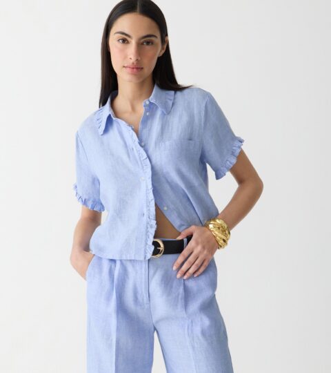 Ruffle-trim Button-up Shirt In Linen