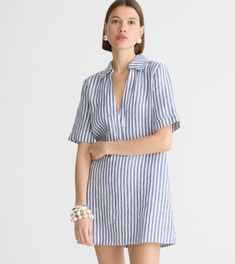 Bungalow Popover Dress In Stripe Linen